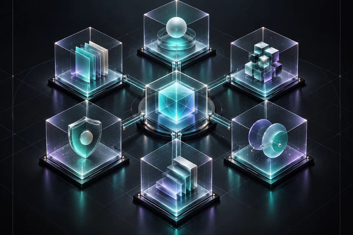 Matriz visual de seis criterios conectados para evaluar proveedores de consultoría de inteligencia artificial.
