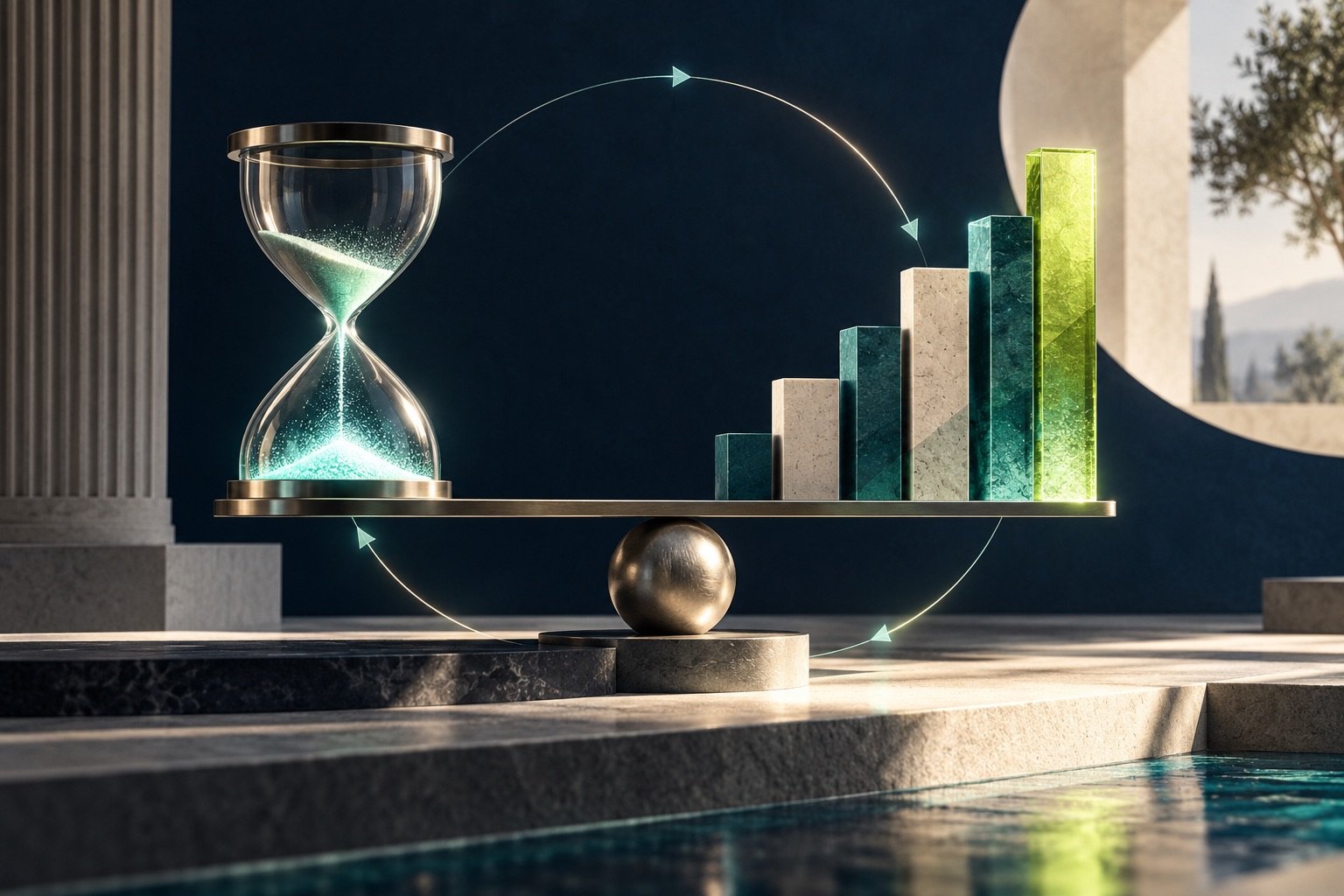 Balanza conceptual entre tiempo recuperado y valor de negocio generado por una iniciativa de inteligencia artificial.