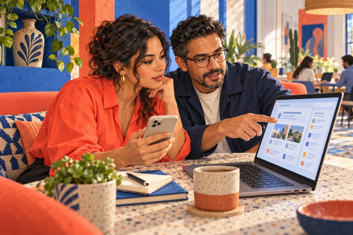 Dos profesionales comparan en una laptop y un teléfono las recomendaciones y fuentes ofrecidas por un asistente de inteligencia artificial.
