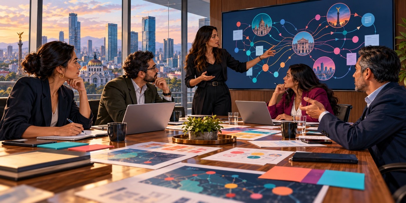 Equipo directivo en una sala de juntas analiza rutas de citación y evidencia antes de decidir su estrategia de visibilidad en inteligencia artificial.